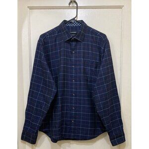 Bugatchi Classic Fit Shirt Size L Button Up Blue Checked Long‎ Sleeves Flip Cuff